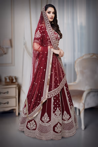 Velvet jam red bridal lehenga — view 3 of 4