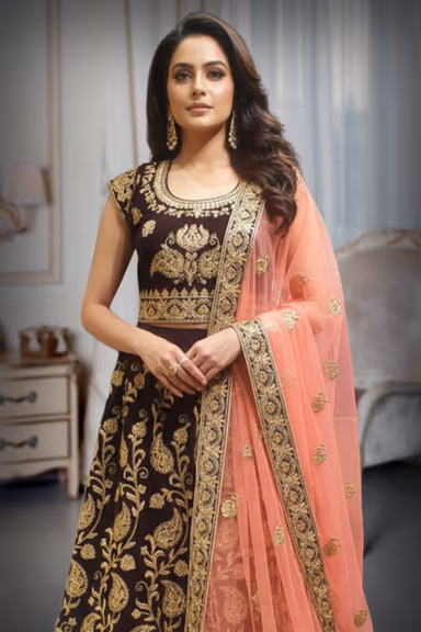 Velvete Lehenga With Golden Heavy Thread Worked ,overall Bodice along with the Netted dhuppatta — view 1 of 2