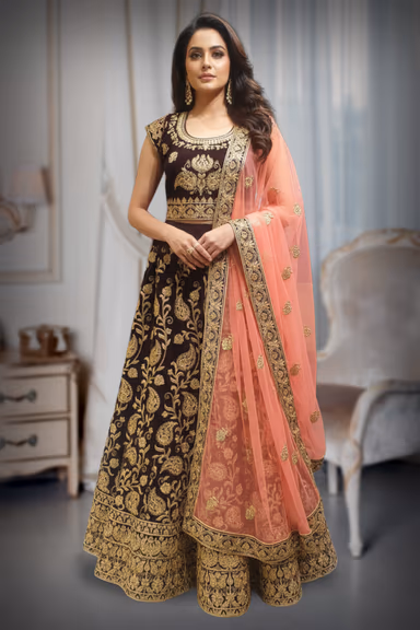 Velvete Lehenga With Golden Heavy Thread Worked ,overall Bodice along with the Netted dhuppatta — view 2 of 2