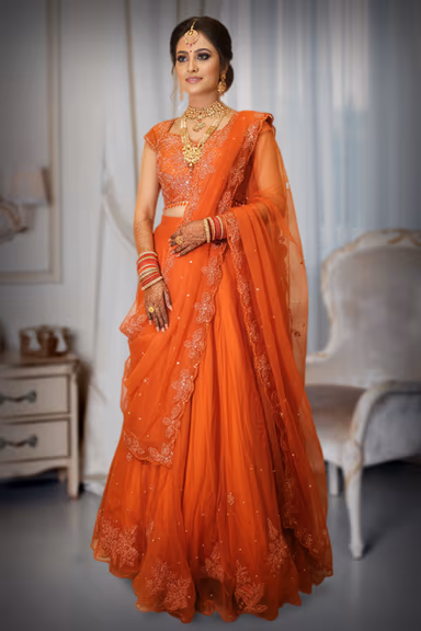 Vibrant Orange Lehenga with Thread and Sequin Work — view 3 of 4