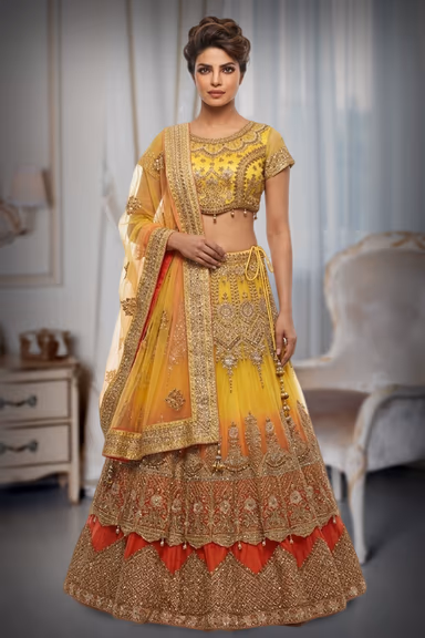 Vibrant Yellow Lehenga , Heavy worked zari , embroidery and stone works — view 2 of 2