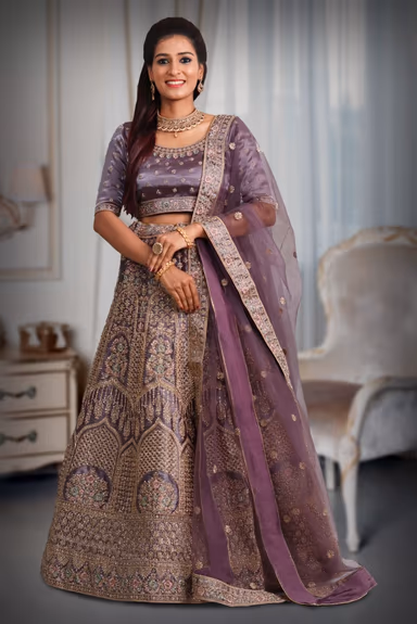 Violet golden embroidery & jarkan ston ework lehenga — view 2 of 5