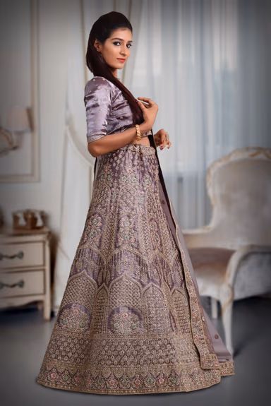 Violet golden embroidery & jarkan ston ework lehenga — view 4 of 5