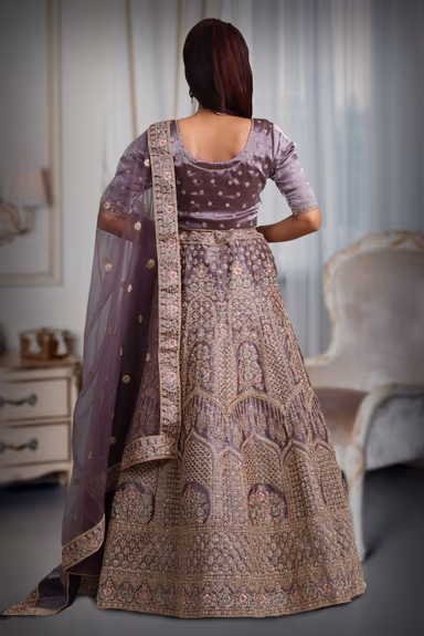 Violet golden embroidery & jarkan ston ework lehenga — view 5 of 5