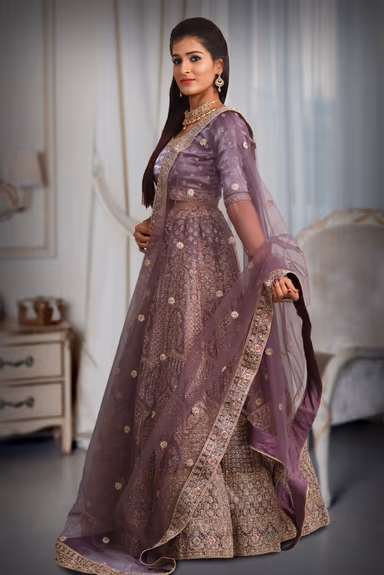 Violet golden embroidery & jarkan ston ework lehenga — view 3 of 5