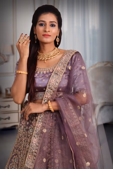 Violet golden embroidery & jarkan ston ework lehenga — view 1 of 5