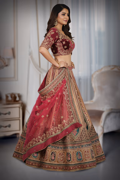Voluminous flared lehenga with traditional kalidar (panelled) structure. heer net fabric in maroon with… — view 3 of 3