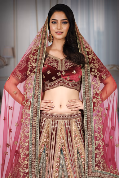 Voluminous flared lehenga with traditional kalidar (panelled) structure. heer net fabric in maroon with… — view 1 of 3