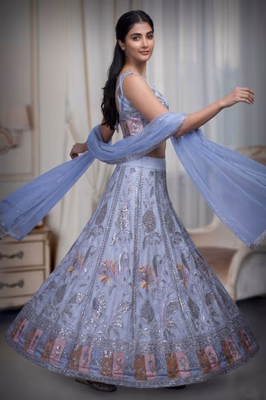 White Faux Georgette Lehenga With Light Peach Applique Details And Embroidery — view 3 of 4