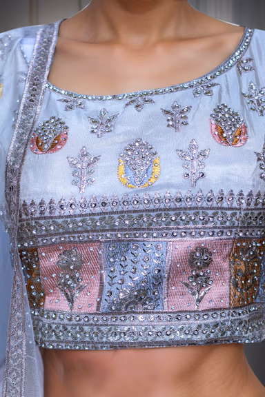 White Faux Georgette Lehenga With Light Peach Applique Details And Embroidery — view 4 of 4
