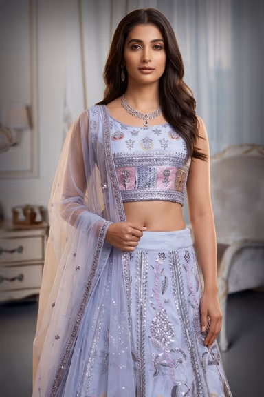 White Faux Georgette Lehenga With Light Peach Applique Details And Embroidery — view 1 of 4