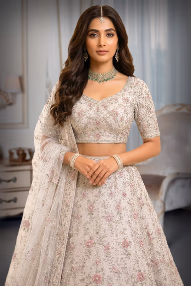 White Lehenga with Silver Embroidery and Pink Floral Work Dupatta — view 1 of 3