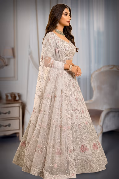 White Lehenga with Silver Embroidery and Pink Floral Work Dupatta — view 3 of 3