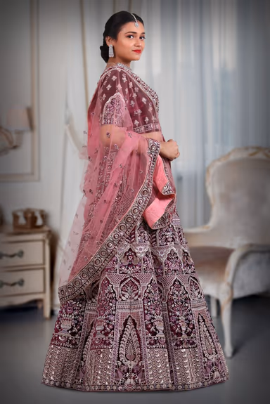 Wine  beds & embroidery heavy design lehenga — view 3 of 5
