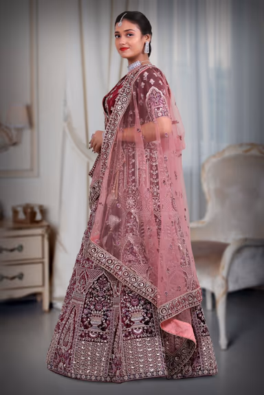 Wine  beds & embroidery heavy design lehenga — view 4 of 5