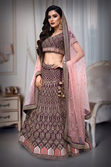 Wine lehenga with a contrasting dupatta — view 3 of 4