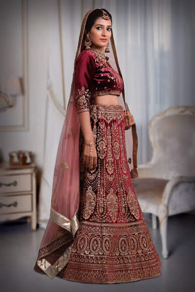 Wine golden thread jarkan stone velvet lehenga — view 4 of 5