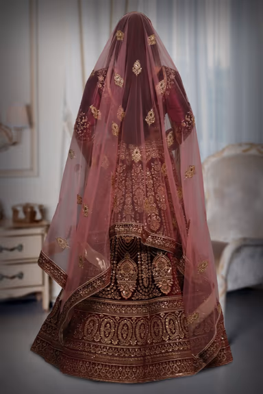 Wine golden thread jarkan stone velvet lehenga — view 5 of 5