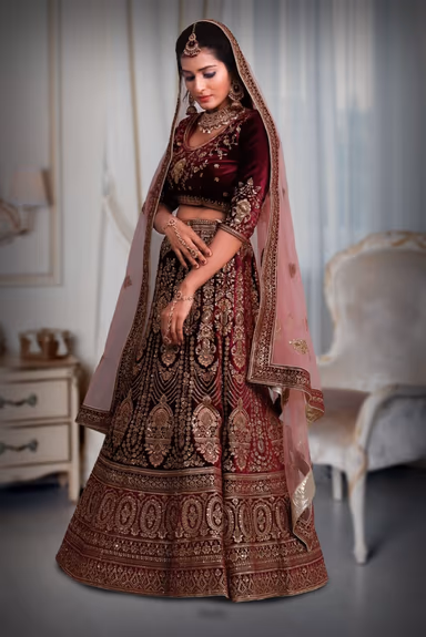 Wine golden thread jarkan stone velvet lehenga — view 3 of 5
