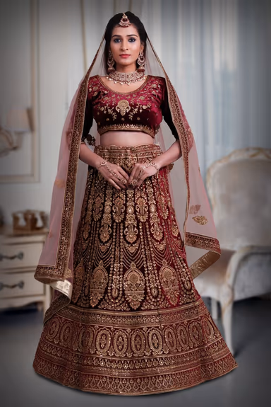 Wine golden thread jarkan stone velvet lehenga — view 2 of 5
