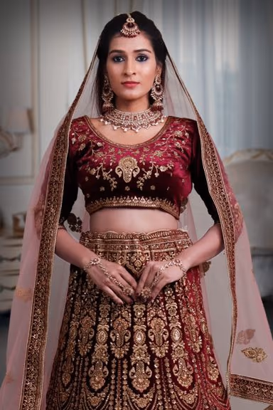 Wine golden thread jarkan stone velvet lehenga — view 1 of 5