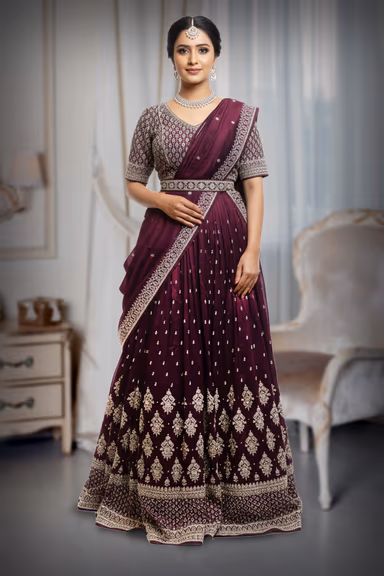 Wine Purple Pre Wedding Lehenga With Golden Threadwork Details — view 2 of 2