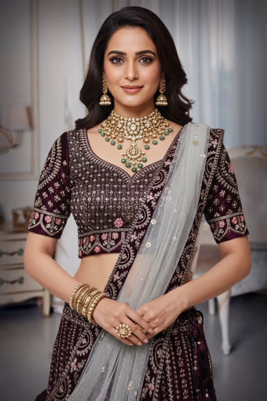 Wine Velvet Oplent Lehenga — view 1 of 3