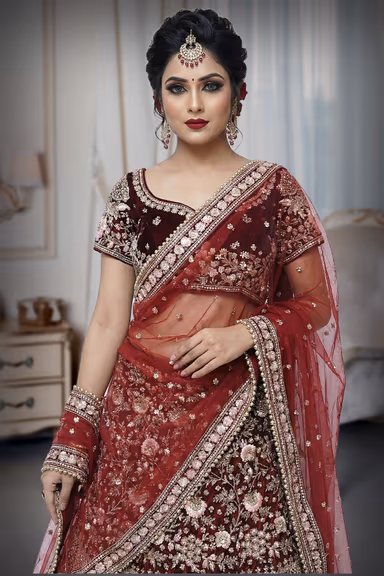 Wine with heavy Zari work lehenga — view 1 of 4