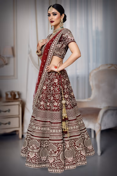 Wine with heavy Zari work lehenga — view 4 of 4