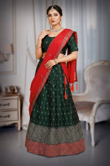Women’s Emerald Green Woven Lehenga Choli with Red Embroidered Dupatta — view 2 of 4