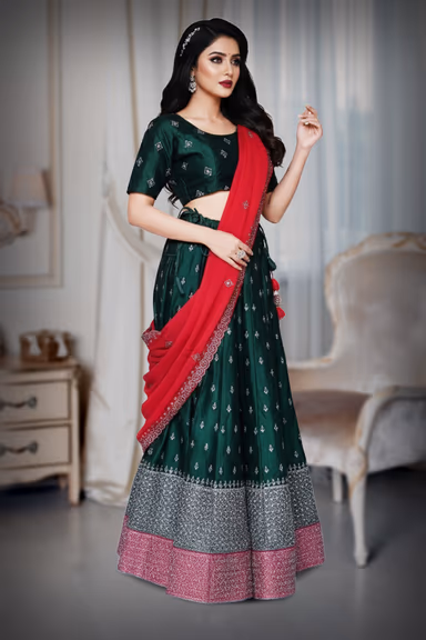 Women’s Emerald Green Woven Lehenga Choli with Red Embroidered Dupatta — view 3 of 4