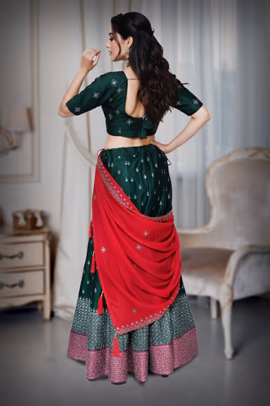 Women’s Emerald Green Woven Lehenga Choli with Red Embroidered Dupatta — view 4 of 4