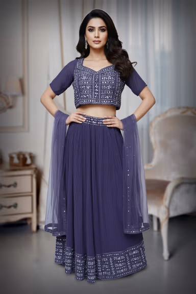 Women’s Lavender Purple Sequined Lehenga Saree with Embroidered Blouse — view 2 of 4