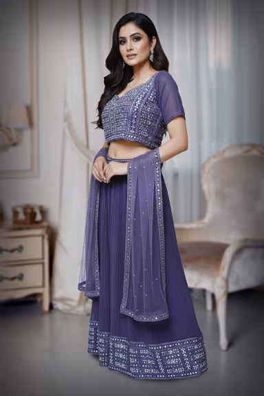 Women’s Lavender Purple Sequined Lehenga Saree with Embroidered Blouse — view 4 of 4