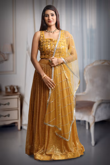 Yellow Colour Sleeveless Lehenga With Detailed Sequin Work , Jarkan Work And Embroidery And Same Colour Dupatta — view 2 of 5