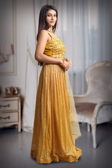 Yellow Colour Sleeveless Lehenga With Detailed Sequin Work , Jarkan Work And Embroidery And Same Colour Dupatta — view 4 of 5