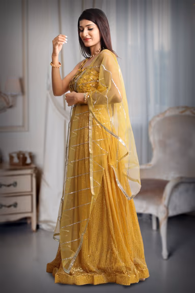 Yellow Colour Sleeveless Lehenga With Detailed Sequin Work , Jarkan Work And Embroidery And Same Colour Dupatta — view 3 of 5