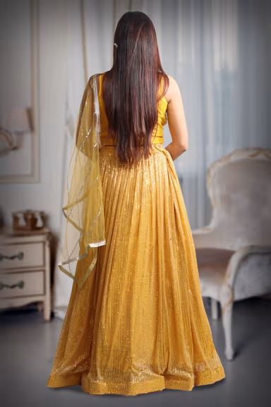 Yellow Colour Sleeveless Lehenga With Detailed Sequin Work , Jarkan Work And Embroidery And Same Colour Dupatta — view 5 of 5