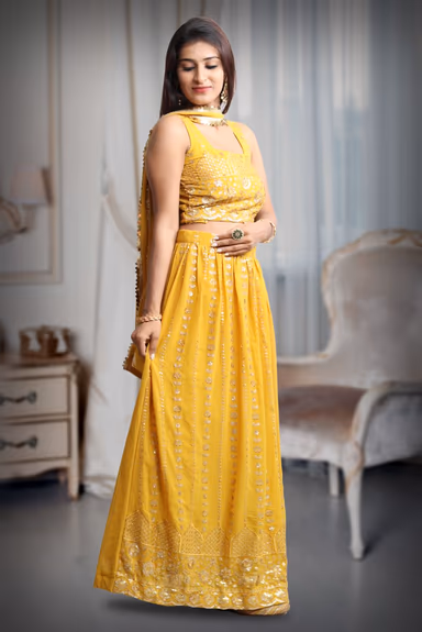Yellow Colour Sleeveless Lehenga With Detailed Sequin Work Jarkan Work And Embroidery Yellow Color Dupatta — view 4 of 5