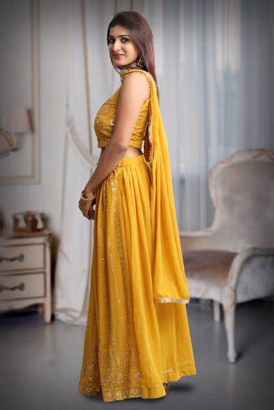 Yellow Colour Sleeveless Lehenga With Detailed Sequin Work Jarkan Work And Embroidery Yellow Color Dupatta — view 3 of 5