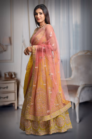 Yellow Colour Sleeveless Lehenga With Detailed Sequin Work , Jarkan Work And Embroidery And Contrast Colour… — view 4 of 5