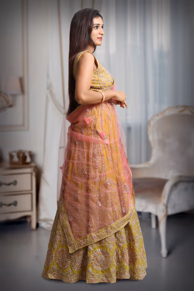 Yellow Colour Sleeveless Lehenga With Detailed Sequin Work , Jarkan Work And Embroidery And Contrast Colour… — view 5 of 5