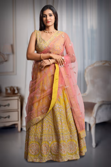 Yellow Colour Sleeveless Lehenga With Detailed Sequin Work , Jarkan Work And Embroidery And Contrast Colour… — view 2 of 5