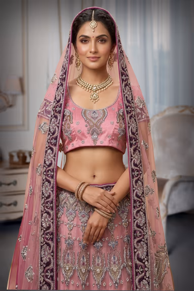 Heavy Zardosi and hand worked Pink with Purple Lehenga Along with a Heavy Hand worked Dhuppatta — view 1 of 2