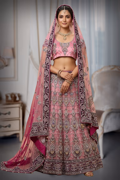 Heavy Zardosi and hand worked Pink with Purple Lehenga Along with a Heavy Hand worked Dhuppatta — view 2 of 2