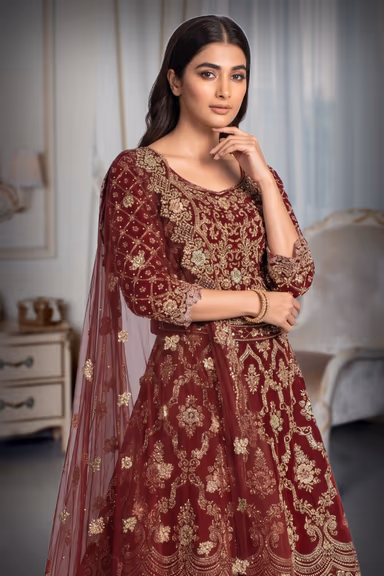 Heavy Zardosi Handworked Velvet Tailed Anarkali Lehenga With Same Colour Dupatta — view 3 of 4