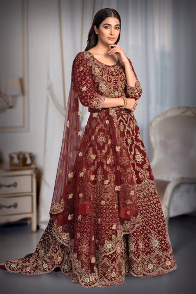 Heavy Zardosi Handworked Velvet Tailed Anarkali Lehenga With Same Colour Dupatta — view 2 of 4