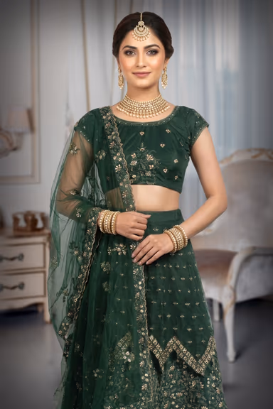 Zarreen Emerald Green Embroidered Lehenga Set With Net Duppatta — view 1 of 3