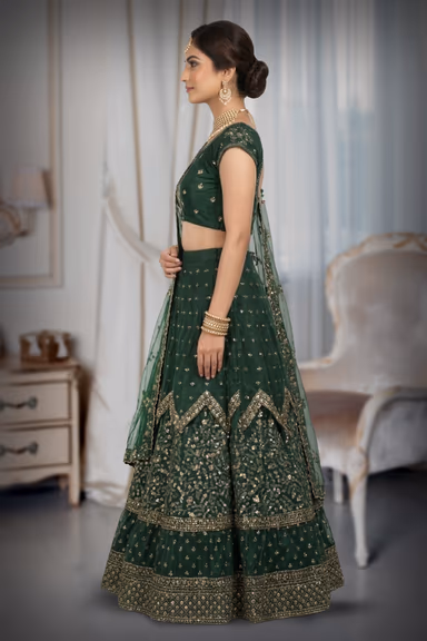 Zarreen Emerald Green Embroidered Lehenga Set With Net Duppatta — view 3 of 3