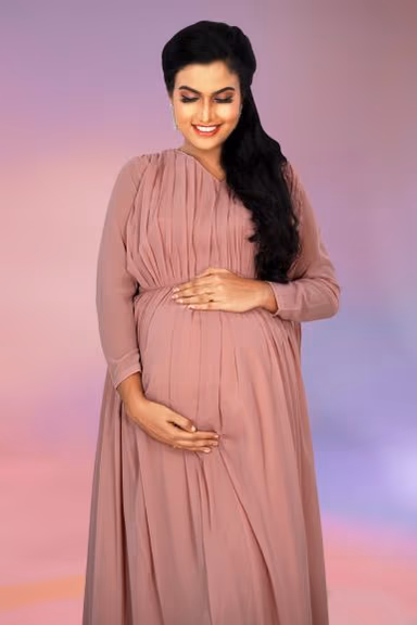 Mauve pink gathered trail gown — view 1 of 6